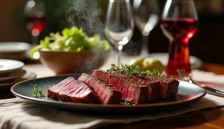 a thick, juicy steak sliced into bite-sized pieces on a plate, steam rising from the plate, salad in a bowl, wine in a pitcher, restaurant table setting, sunlight, photorealistic, ultra-detailed, 8k, masterpiece, still life, food photography, warm lighting...