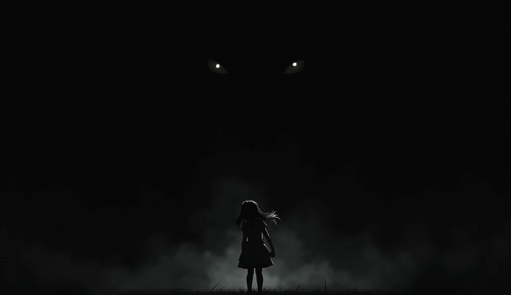 A completely black screen, symbolizing the moment of total darkness right after the monstrous figure appears and the girl’s final scream. Small details could be included to heighten the horror atmosphere, such as very subtle shadows in the background or ne...