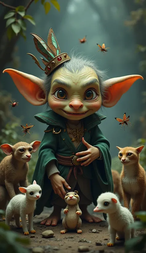 Goblin 
One monkey, 
One butterfly,
One ant
One lamb,
One cat, 
One frog,
One duck 
in one frame goblin + hd hyper realistic dark theme 