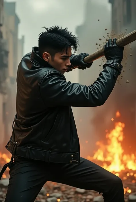 (masterpiece, photorealistic, best quality, high details, textured skin), Young man - Jack, 21 years-old, black hair, black leather jacket, stabbing the sword through the pale skin orc. City with fire and smoke background. sideview.