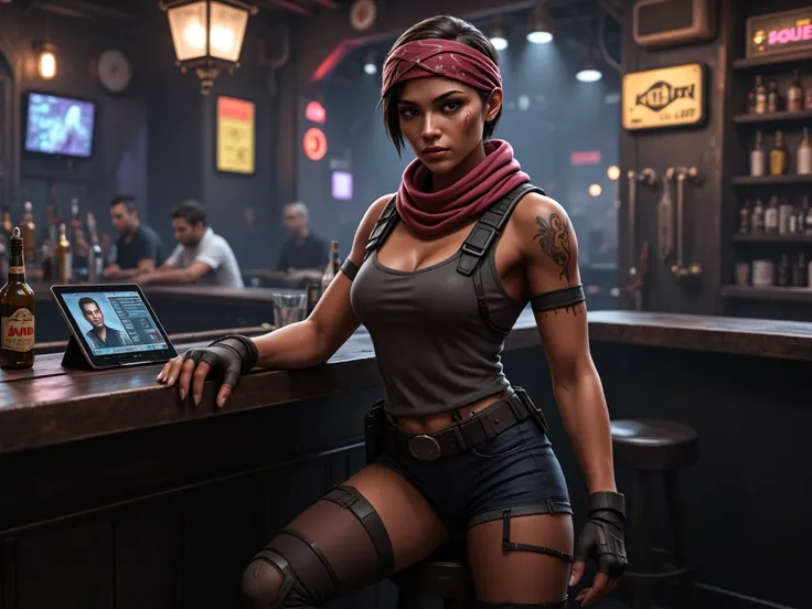 concept art,  realistic 3D characters —    (   stands full length from head to boots   )    Dark cyberpunk in the style of Blade Runner — a noble young 17 year old beauty — hired criminal hunter.  With short neatly styled hair  .   Beautiful noble face wit...