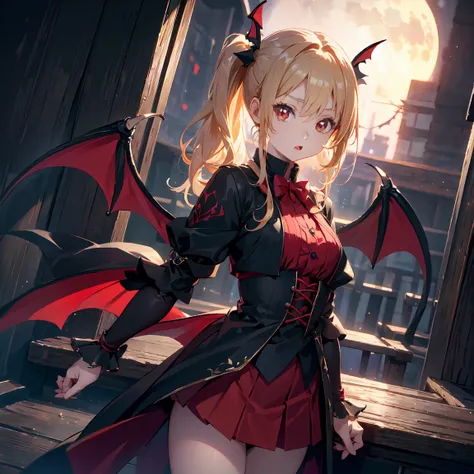 超  High Resolution  ,  ATTENTION TO DETAILS , high quality,  High Resolution  , 最high quality, 4K, 8k、Young Vampire,girl, has bat wings on its back and head,Red eyes,blonde,  side ponytails  ,Let me&#39;roar!,Finger gap,  open your mouth wide(Accentuate th...