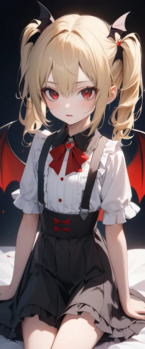 超  High Resolution  ,  ATTENTION TO DETAILS , high quality,  High Resolution  , 最high quality, 4K, 8k、Young Vampire,girl, has bat wings on its back and head,Red eyes,blonde,  side ponytails  ,Let me&#39;roar!,Finger gap,  open your mouth wide(Accentuate th...