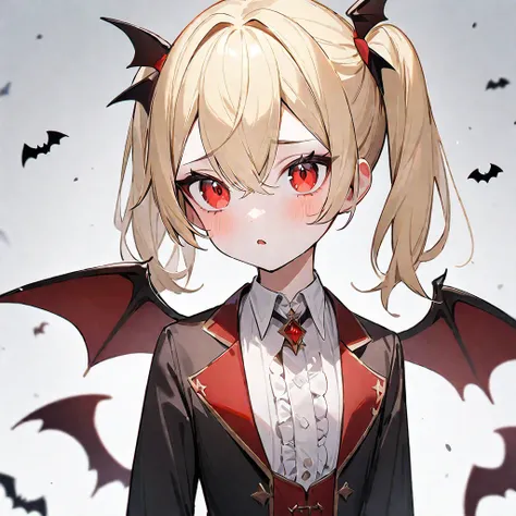 超  High Resolution  ,  ATTENTION TO DETAILS , high quality,  High Resolution  , 最high quality, 4K, 8k、Young Vampire,girl, has bat wings on its back and head,Red eyes,blonde,  side ponytails  ,Let me&#39;roar!,Finger gap,  open your mouth wide(Accentuate th...