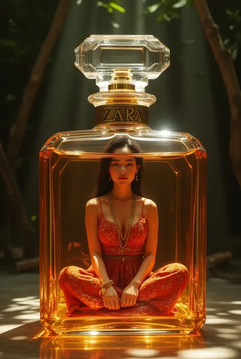 An indonesian women, wearing "Party outfit", The Women is sat (posisi sila)
Whole body is (INSIDE) into big fuel of glass  Luxury parfume . The farfume glass brand is " ZARA " .big " ZARA " loggo on the parfume bottle 
Natural,hyper realistic ,ultra hd