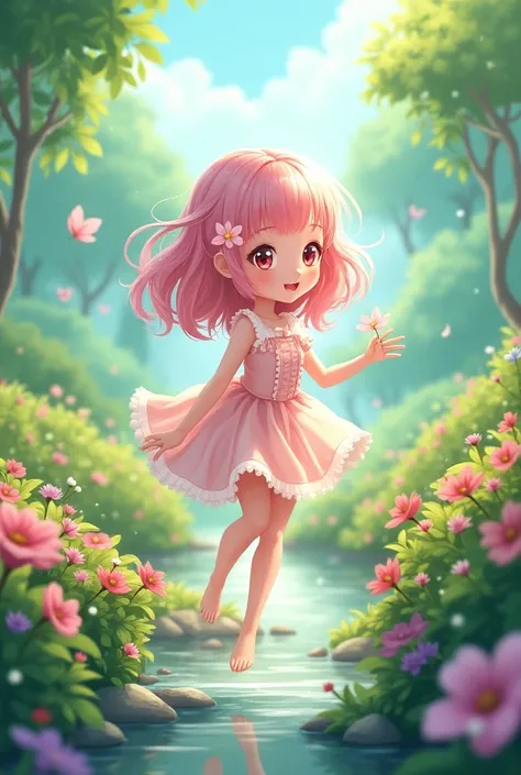 A pink anime girl in a garden 