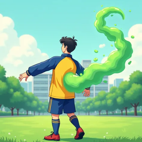 male student wearing a long sleeve jersey in blue and yellow, blue on the long sleeves and collar, yellow in the middle of the jersey emitting green fart gas from his butt in the school field