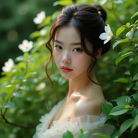 A beautiful japanese girl, naked body, walking in a garden of laurels, white flower with fresh air, light on her chest, 4k, realistic photo, masterpiece, full body:1.9, aerial view