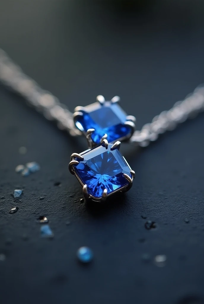  three square sapphires ，Arrange one above the other， silver wire front necklace close-up，mosaic， handmade ，Silver wire crafting ，Fantasy quality，Small and exquisite，Precise lines ，noble、luxurious、Stunning、detail、Delicate light and shadow，