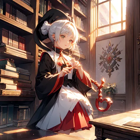 (masterpiece),  best quality,  very detailed, A Magus girl with white hair holdding a magical Sickle, Witch Hat, Huge horns,  frill skirt, Red and black clothes , Sickle, Magic Light,  The background is a library  ,library