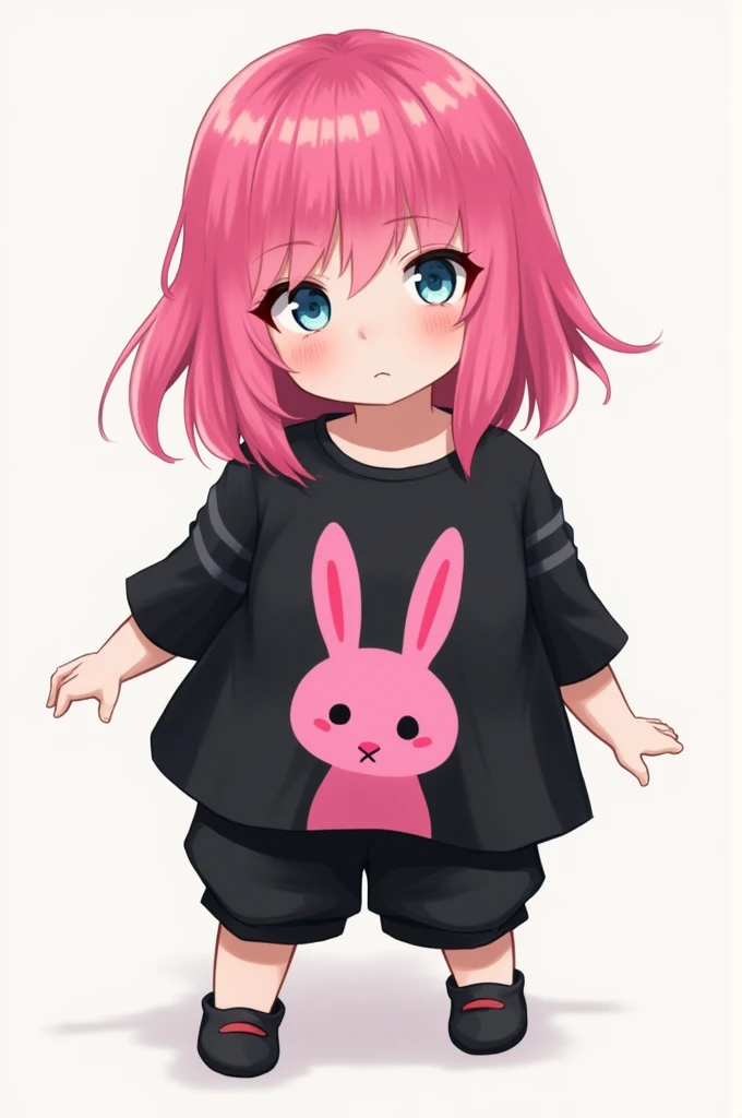 Pink-haired girl wearing a black blouse with a pink rabbit in the middle of the shirt, black pants, short legs.