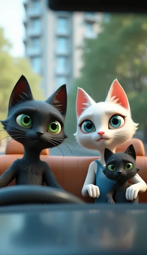 Tom, a black cat with green eyes, drives a modern car arriving at a luxury condominium. Beside him is Luna, a white cat with blue eyes wearing a simple, worn blue dress. In the back seat, the black kitten with green eyes is sitting wearing diapers. 3D cart...