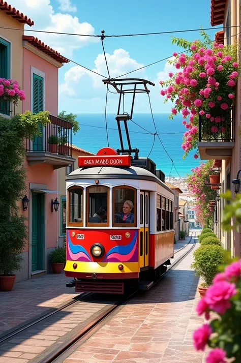 Photo dun magnifique tramway coloré de toute les couleurs qui passe devant un joli petit village méditerranéen rempli de fleurs avec la mer à côté. Hyper réaliste. 