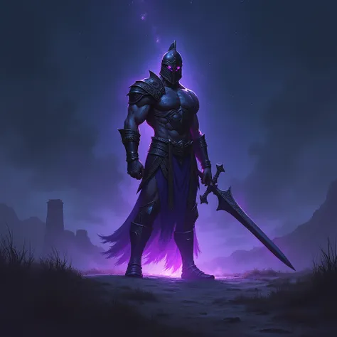 Achilles(male), Greek Mythology knight with armor, helm and big sword in a battlefield glowing eyes(purple) and purple aura(lighting), Solo in depression background night stars.