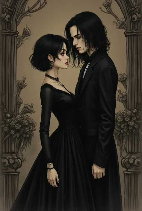 Vintage Victorian Gothic couple drawing 
Short haired black girl of short stature and boy with long hair of tall stature