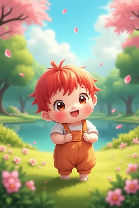 A red anime baby in a park 