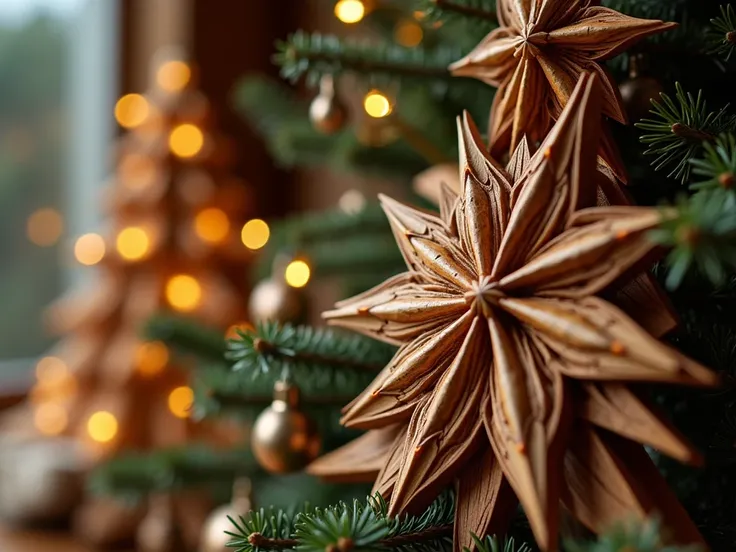 christmas tree wooden toys, carved 3d stars with edges, extremely beautiful, 8k, extremely detailed, macro shot, festive