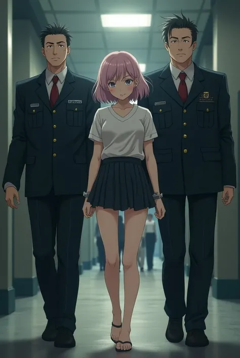  An anime female prisoner wearing a pleated skirt，Short sleeve，She was wearing handcuffs ，There were two policemen holding female prisoners next to them.， Female prisoner in prison uniform and barefoot，Handcuffed by two policemen ，front，Female Prisoner Twi...