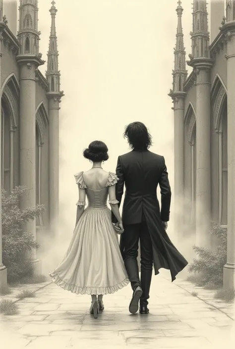 Vintage pencil drawing Victorian Gothic couple taking a walk .
 Short black haired girl of short stature and boy with long hair of tall stature