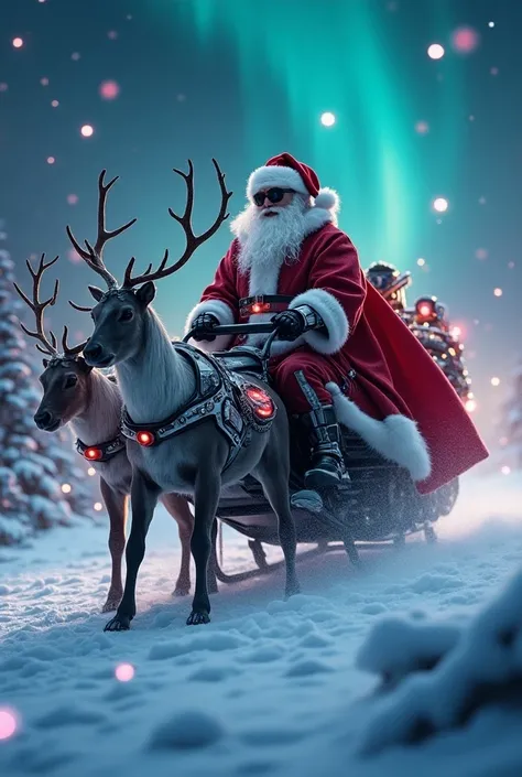 Santa Claus riding on sligh, while many reindeers pulling it, with a cyberpunk armored design, ang a lots of high tech design toys, with christmas background, winter illuminating light effects at the atmosphere,