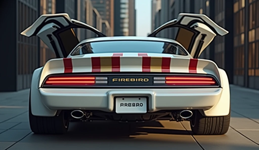 Full Hd Picture Create a highly detailed, modern sports car inspired by classic muscle cars like the Pontiac Firebird. The car should have an aggressive rear design with a bold spoiler, quad exhaust pipes, and retro-style horizontal taillights. The cars bo...