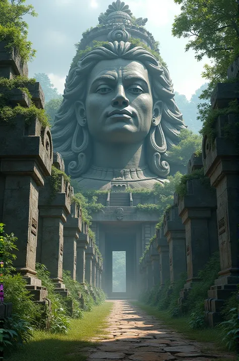 A huge ancient temple, lord Shiva beautiful with His Face Sliced Off々Huge stone statues lined up, Being invaded by forests,  