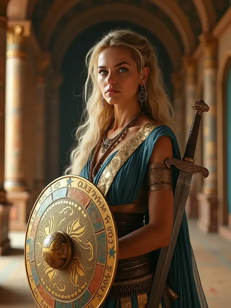 Beautiful hittites woman in Light hair, blue eyes, standing up in hittite palace,  hittites swor an hittites shield, hight detail face, cinematic styl, hd kvality  -imagine - 