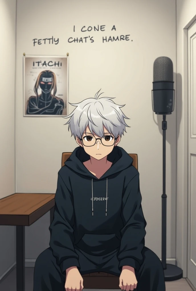 Create a one character anime boy  with  wearing  black huddi huddi logo black and wearing black spectacles. Not skinny and not mascular. Simple  hair colour gray
one room character  sit chair 
Room wall write paroast 
One table and mic
Room Wall one anime ...