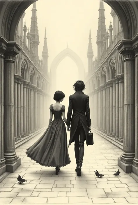 Vintage pencil drawing Victorian Gothic couple taking a walk .
 Short black haired girl of short stature and boy with long hair of tall stature