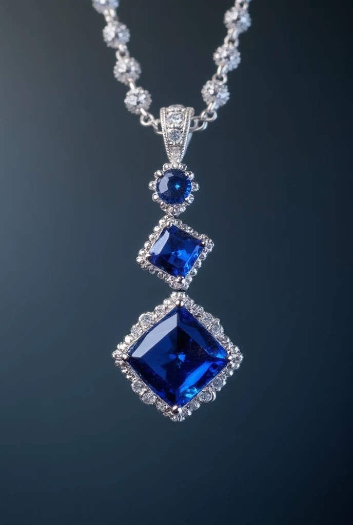  three square sapphires ，Arrange one above the other， silver wire front necklace close-up，mosaic， handmade ，Silver wire crafting ，Fantasy quality，Small and exquisite，Precise lines ，noble、luxurious、Stunning、detail、Delicate light and shadow，