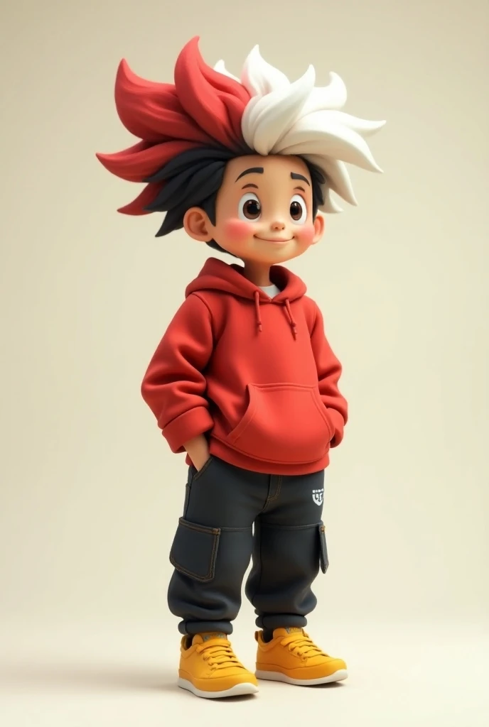 Boy,Dressup with a red shirt and black cargo jeans, shoes of puma of yellow colour, Hair colour is white,red,black merged and with a cute , AI Animated 