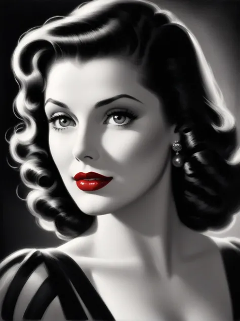 film noir style, woman, red lips, highly detailed, sharp focus, ultra sharpness, monochrome, high contrast, dramatic shadows, 19...