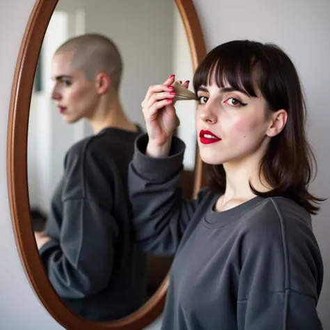 a beautiful bald girl whose head is clean shaven, red lipstick wearing a sweatshirt, taking a picture in the mirror. (Her reflections is an (emo girl wearing eyeliner, red lipstick, long brown hair with bangs).)
