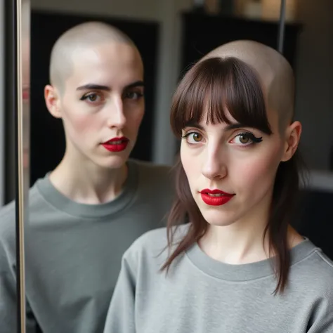 a beautiful bald girl whose head is clean shaven, red lipstick wearing a sweatshirt, taking a picture in the mirror. (Her reflections is an (emo girl wearing eyeliner, red lipstick, long brown hair with bangs).)
