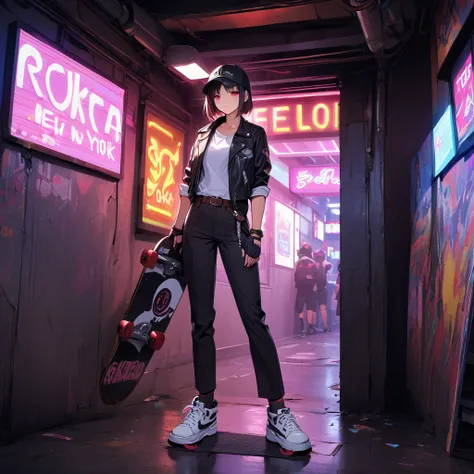 1 girl, solo, short hair, staring, bangs, red eyes, skin color, dark hair, (hat), holding, close mouth, full length, masterpiece, top quality, super detailed, short sleeves, shoes, socks, pants, indoors, black footwear, location New York cyberpunk style, n...