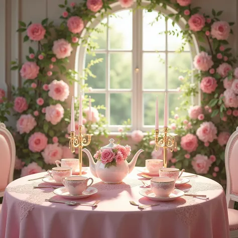 Flower garden style dining room decorated in pink and white, Photorealistic, tea