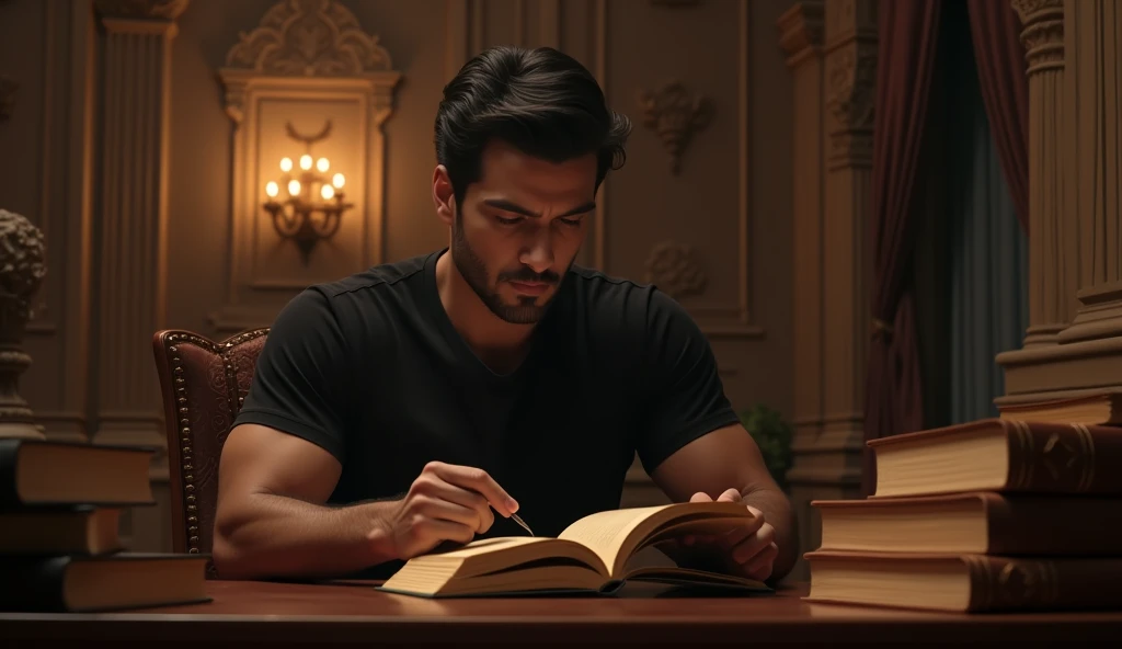 A indian handsome man waring black t shirt reading the books on table in dark room of palace in rajasthan in mid night time 