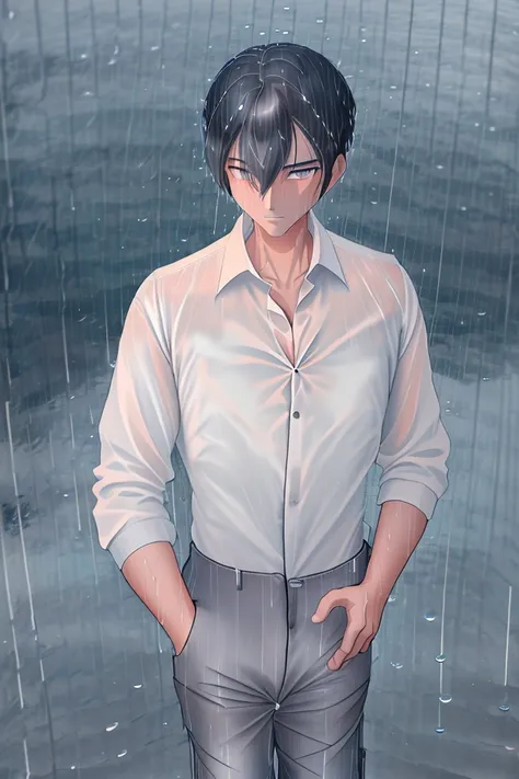 ( extremely detailed CG unity 8k wallpaper anime style), Ultra HD, masterpiece, 1 man, Handsome face, tall and erect male figure ， detailed eyes , Black short hair, (White shirt:1.5), tie, belt, (Trousers:1.5), waist, On the road, (rain:1.5), (water:1.5),（...