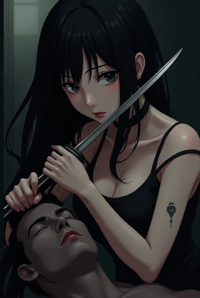 Hight quality, anime, very beautiful woman Japanese, killing a man by knife cut throat