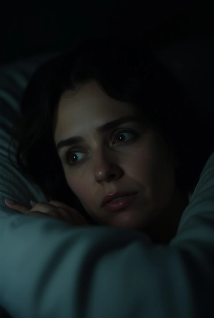  Julie’s face shown up close, looking uneasy as she gets into bed. Her eyes show a hint of fear, and the background remains dimly lit.