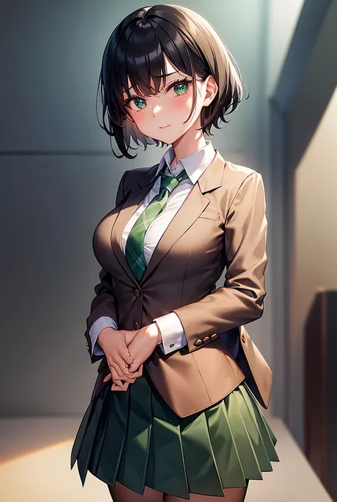 ｛ blazer and dark green tie          ｝,     cute short haired high school girl wearing blazer and dark green tie   , cute short-haired schoolgirl wearing a plaid pleated skirt,Panty shot,Cute short-haired schoolgirl with big breasts and erect nipples   , ｛...