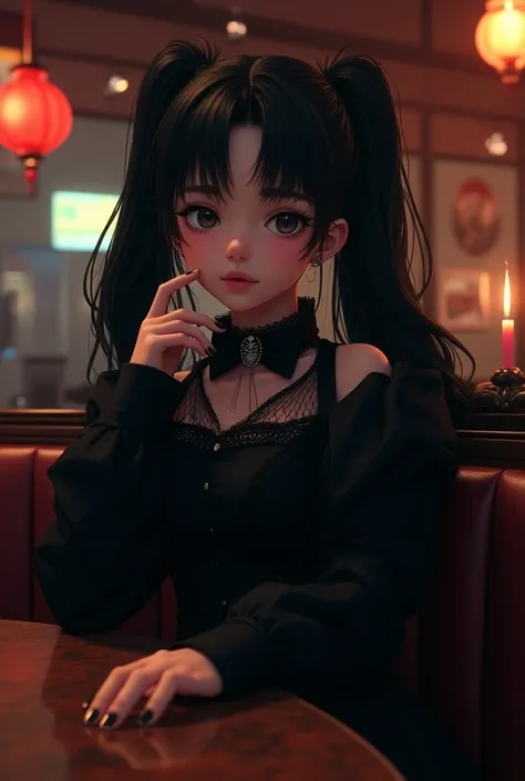 Girl with long hair wearing black pigtails , in a Gothic-style hamburger restaurant from the 70s, anime-type from the 90s