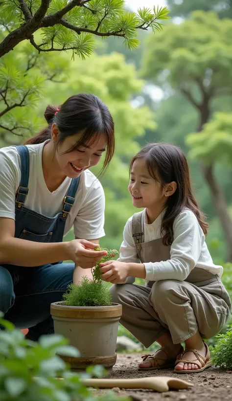 Gardener and apprentice girl taking care of garden trees、Japanese Garden