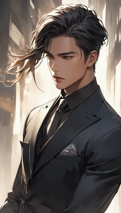 A close-up view of a semi-realistic anime-style man, aged 28, with long, sleek black hair styled in a long single braid that falls down his back. His front hair is parted in the middle, with some strands falling slightly to the side, giving him a rugged ye...