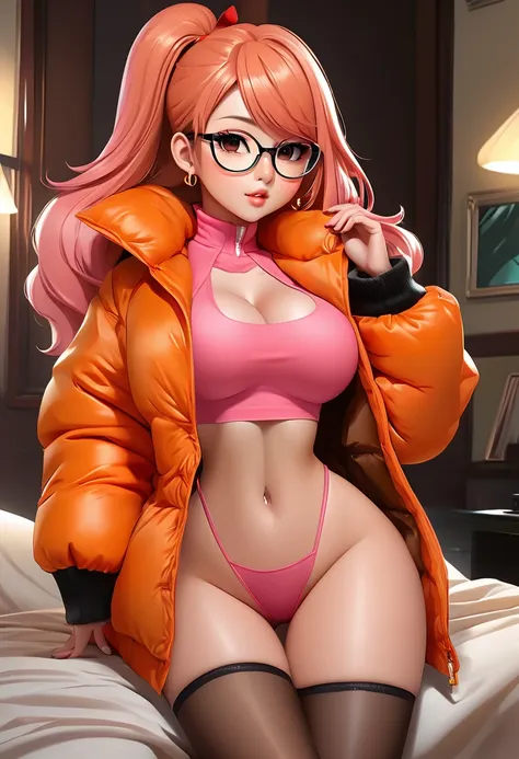 ahegao, masturbation, very big and long dildo in ass, nacked pink cropped fur puffer jacke, anime cartoon, big boobs, high heels...