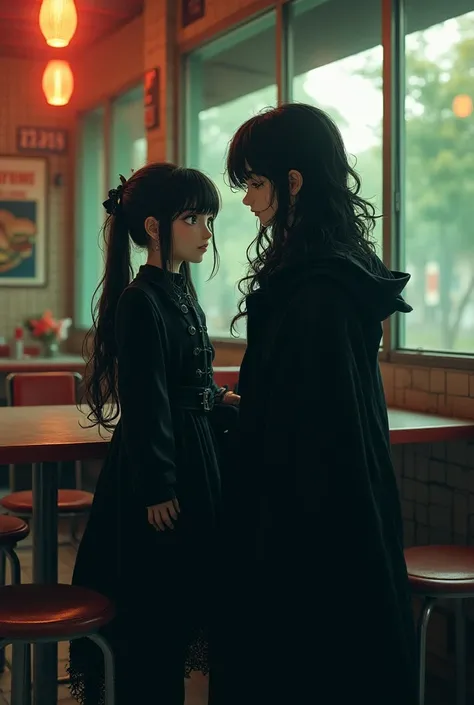 Girl with long hair wearing black pigtails and a boy with long curly hair in black gothic dress in a 70s gothic anime-style hamburger restaurant 