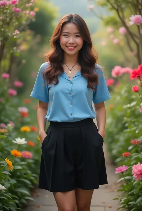  Photo of a young Indonesian woman round face , with light brown wavy long hair . Smiling She has a slightly chubby body , curled and wearing a short-sleeved blue blouse and black skirt .  She also wore knee-high socks and a necklace with the inscription "...