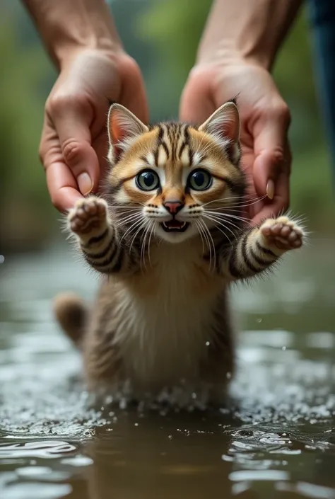 A cat accidentally falls at water and picked up by the owner