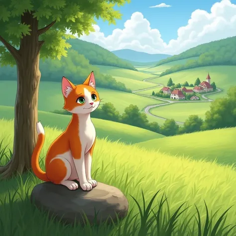 "A peaceful rural scene with wide green fields and tall trees swaying in the breeze. In the foreground, an anthropomorphic she-cat with soft orange and white fur like a calico cat sits on a rock in the field. She has human-like features, stands on two legs...