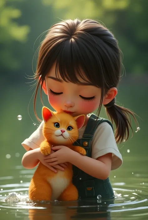 A girl picked up her orange cat from drowning 